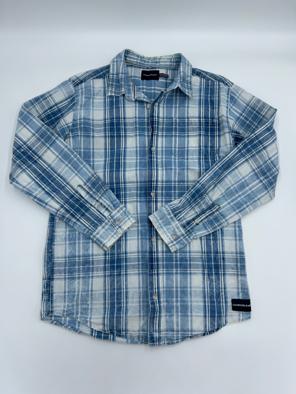 Calvin Klein Jeans Distressed Light Blue and White Plaid Shirt XL
